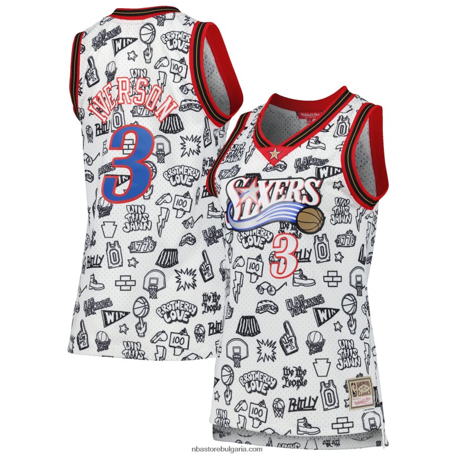 NBA JZ8F029941 philadelphia 76ers allen iverson mitchell & ness white 2000 doodle swingman фланелка