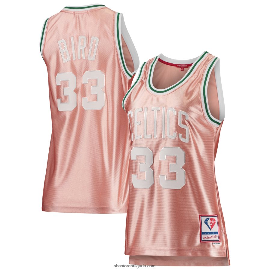 NBA JZ8F028907 Бостън Селтикс Лари Бърд Мичъл и Нес розово фланелка за 75-та годишнина от розово злато 1985 суингмен
