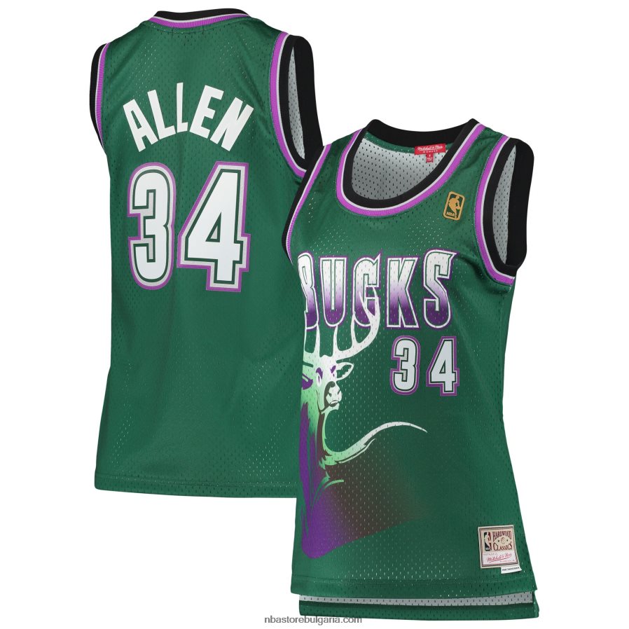 NBA JZ8F029226 Милуоки Бъкс Рей Алън Мичъл и Нес зелена твърда дървесина класика суингмен фланелка