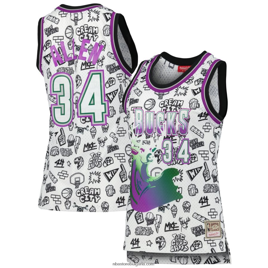 NBA JZ8F029731 Милуоки Бъкс Рей Алън Мичъл и Нес бяла фланелка с драскулки