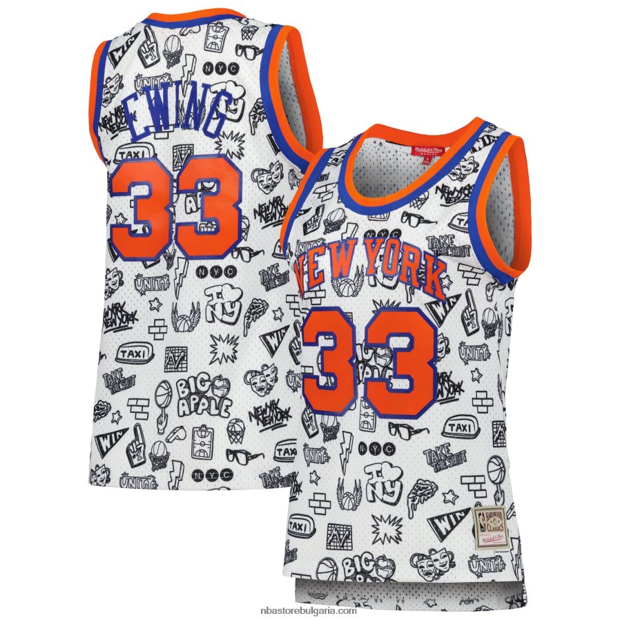 NBA JZ8F0210262 Ню Йорк Никс Патрик Юинг Мичъл и Нес бяло 1991 doodle swingman фланелка