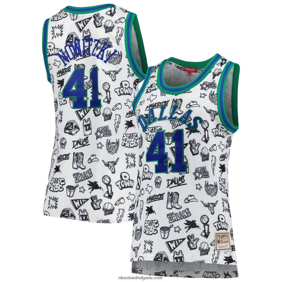 NBA JZ8F0210122 dallas mavericks dirk nowitzki mitchell & ness white 1998 doodle swingman фланелка