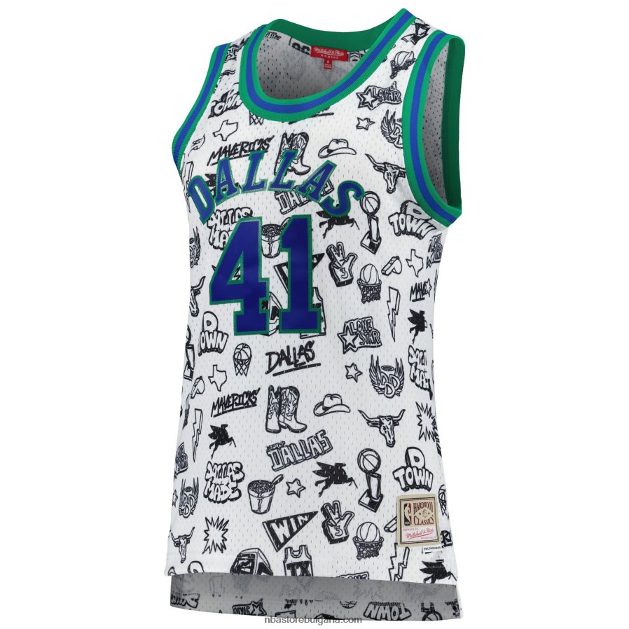 NBA JZ8F0210122 dallas mavericks dirk nowitzki mitchell & ness white 1998 doodle swingman фланелка