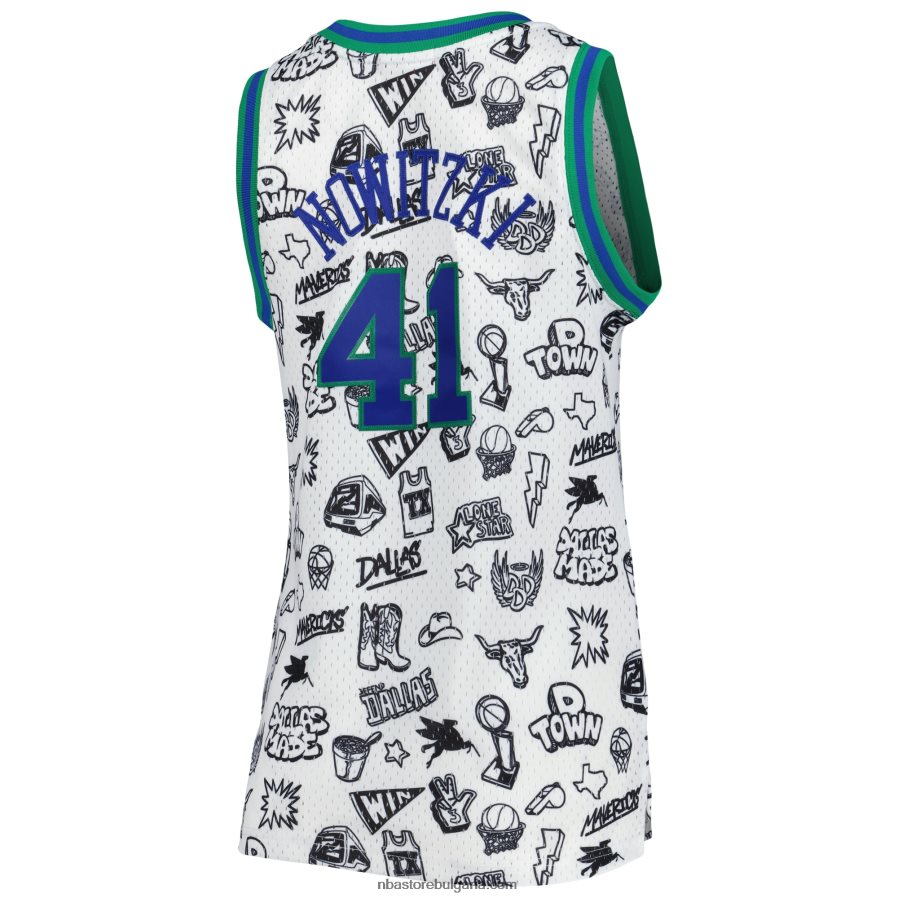 NBA JZ8F0210122 dallas mavericks dirk nowitzki mitchell & ness white 1998 doodle swingman фланелка