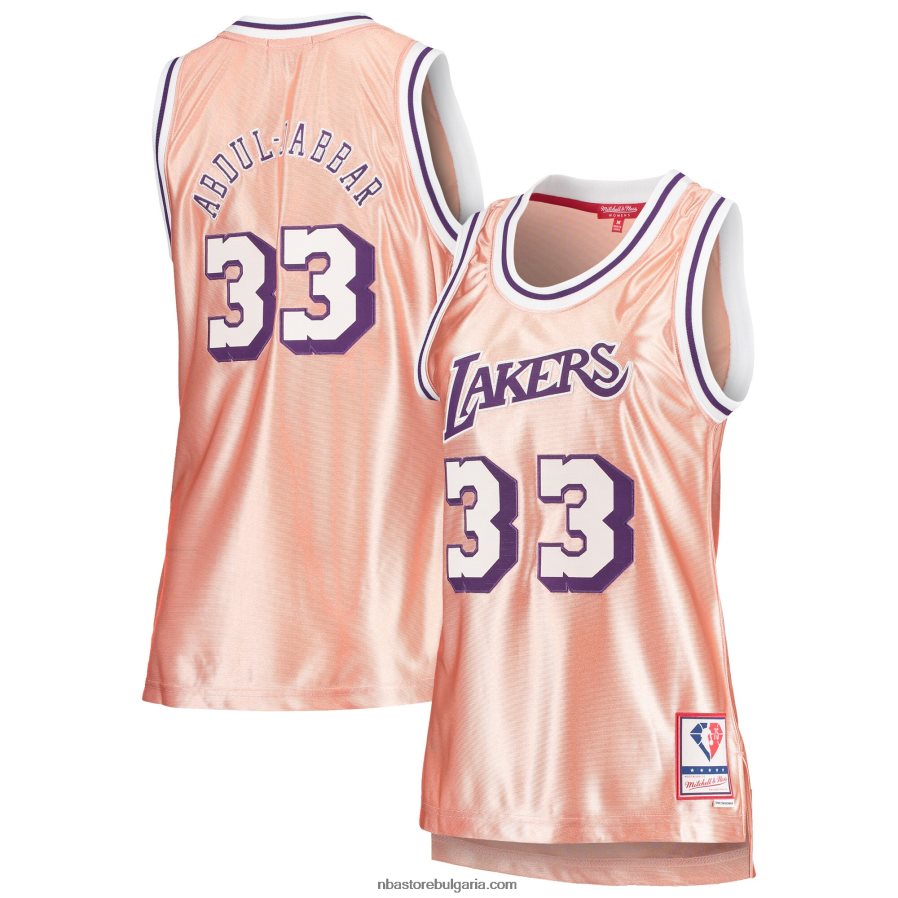 NBA JZ8F0210811 Лос Анджелис Лейкърс Карийм Абдул-Джабар розово 75-та годишнина от розово злато 1983 суингмен фланелка