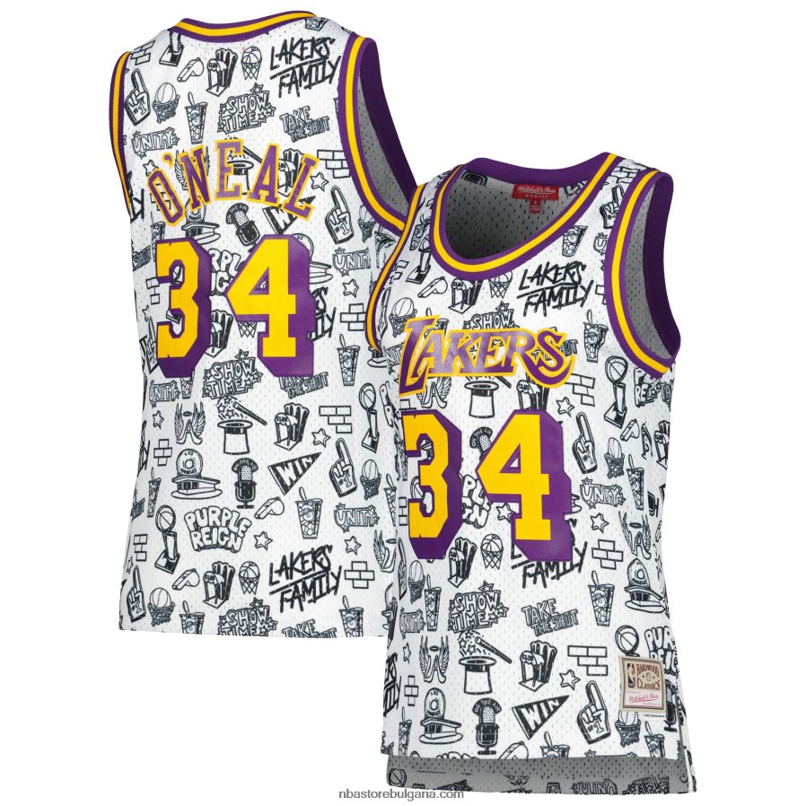 NBA JZ8F029024 лос анджелис лейкърс шакил о'нийл мичъл и нес бяла фланелка с каракули суингмен