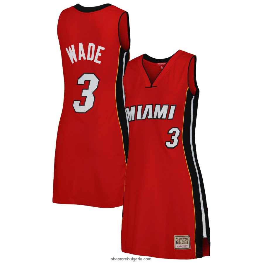 NBA JZ8F028793 miami heat dwyane wade mitchell & ness червено 2005 класика от твърда дървесина име и номер рокля от фланелка на играч