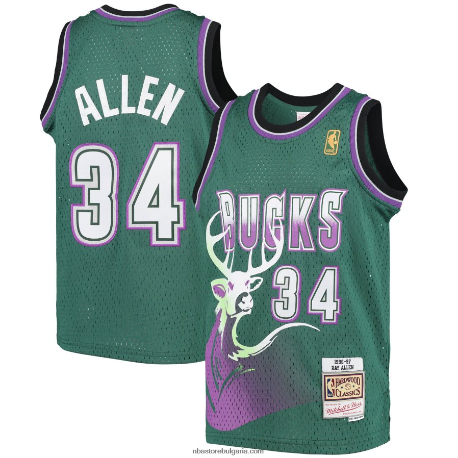 NBA JZ8F0216805 Милуоки Бъкс Рей Алън Мичъл и Нес зелена твърда дървесина класика суингмен фланелка