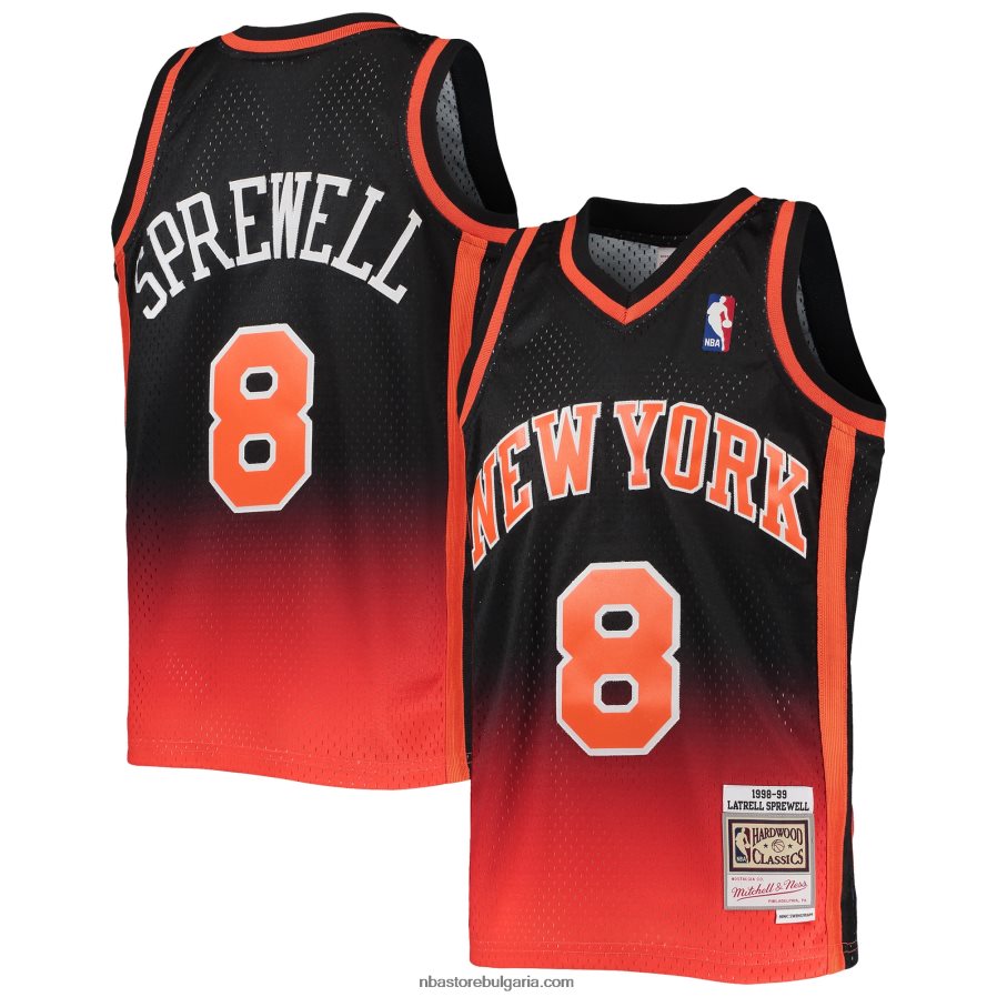NBA JZ8F0217462 Ню Йорк Никс Латрел Спруел оранжево/черно твърдо дърво fadeaway swingman фланелка