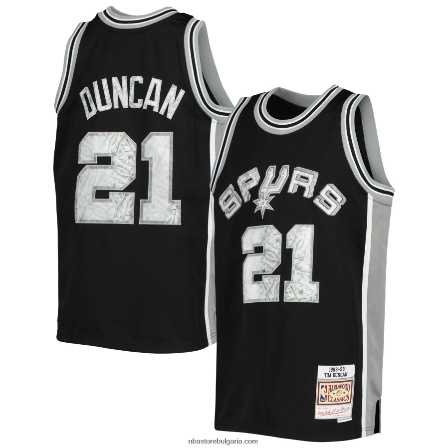 NBA JZ8F0217978 san antonio spurs tim duncan black hardwood classics диамантено трико за 75-та годишнина