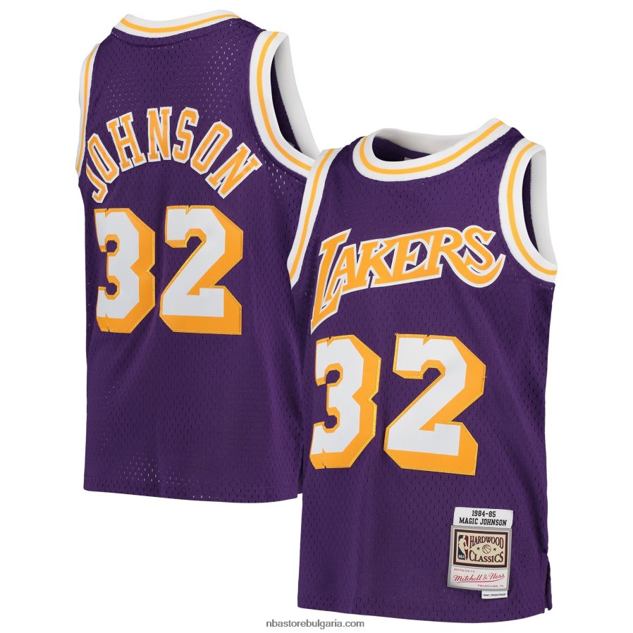 NBA JZ8F0216975 los angeles lakers magic johnson purple 1984-85 hardwood classics swingman throwback джърси
