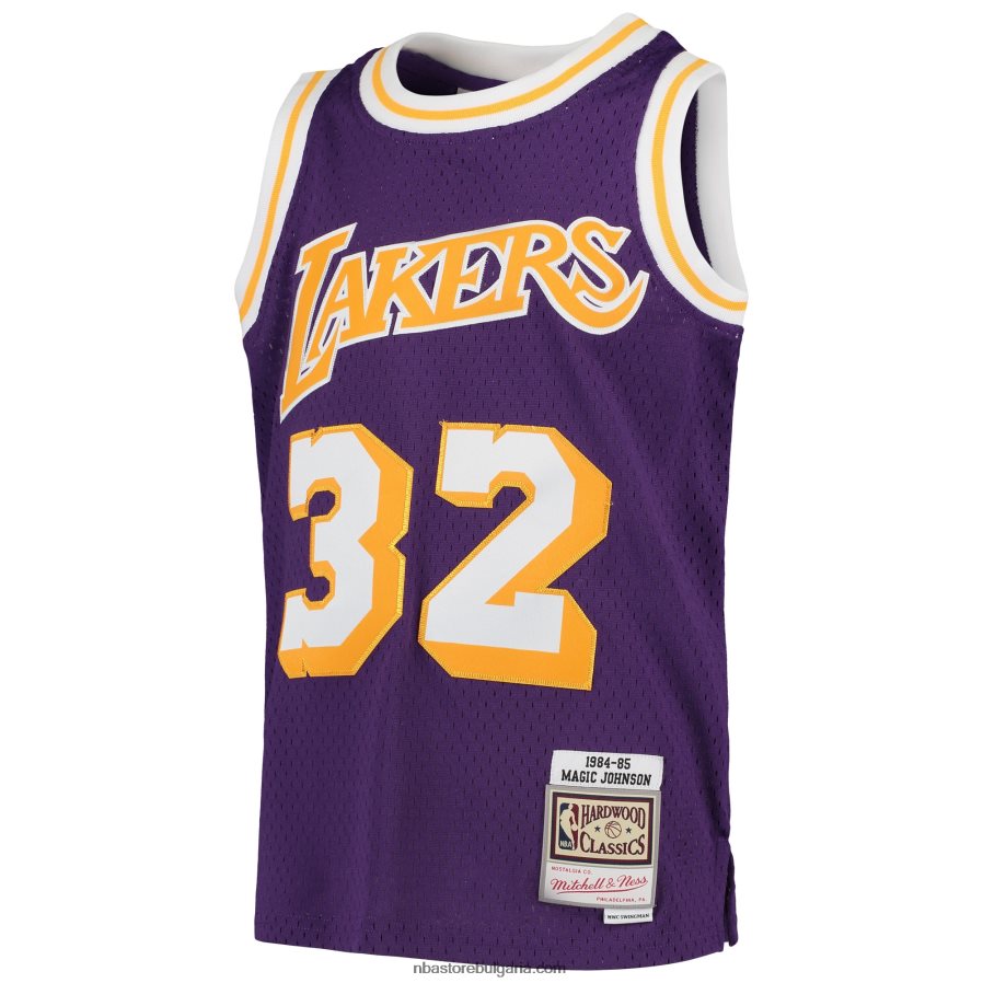 NBA JZ8F0216975 los angeles lakers magic johnson purple 1984-85 hardwood classics swingman throwback джърси