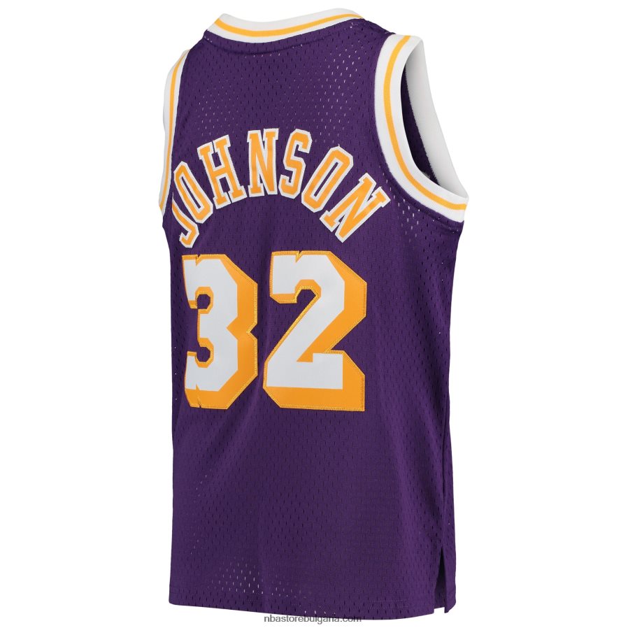NBA JZ8F0216975 los angeles lakers magic johnson purple 1984-85 hardwood classics swingman throwback джърси