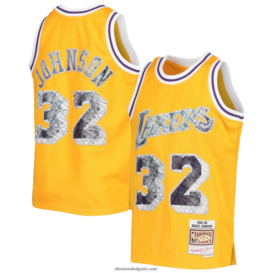 NBA JZ8F0217605 los angeles lakers magic johnson gold hardwood classics диамантена фланелка за 75-та годишнина
