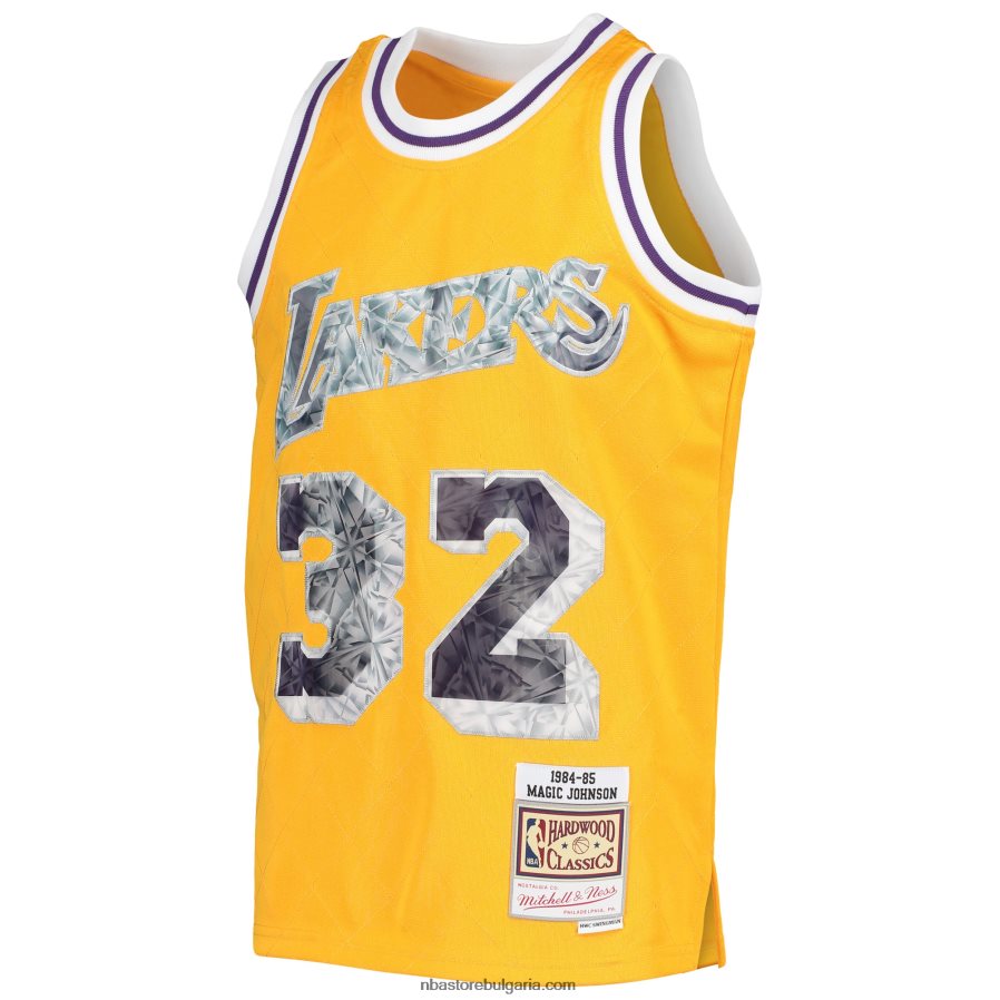 NBA JZ8F0217605 los angeles lakers magic johnson gold hardwood classics диамантена фланелка за 75-та годишнина