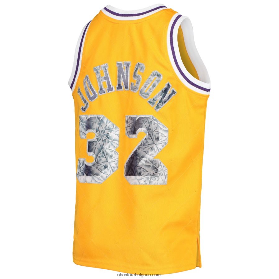NBA JZ8F0217605 los angeles lakers magic johnson gold hardwood classics диамантена фланелка за 75-та годишнина