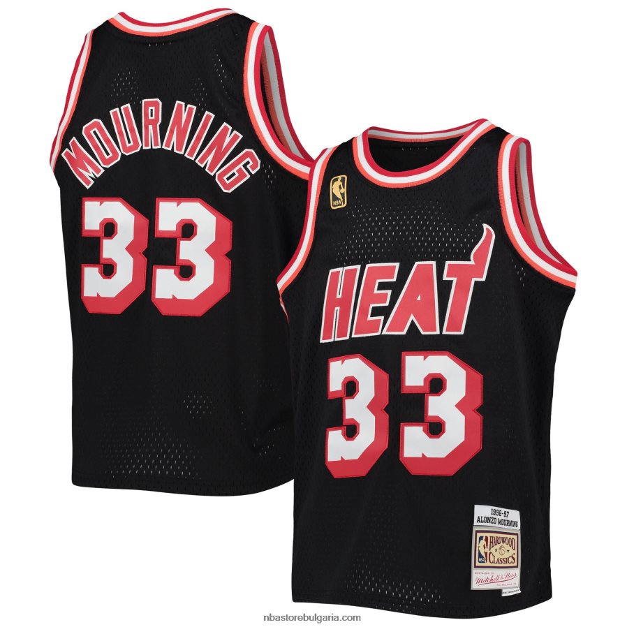 NBA JZ8F0217111 miami heat alonzo mourning mitchell & ness черна фланелка от твърда дървесина swingman