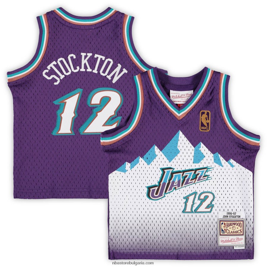 NBA JZ8F0217445 юта джаз джон стоктън мичъл и нес лилава твърда дървесина класика пенсиониран играч фланелка