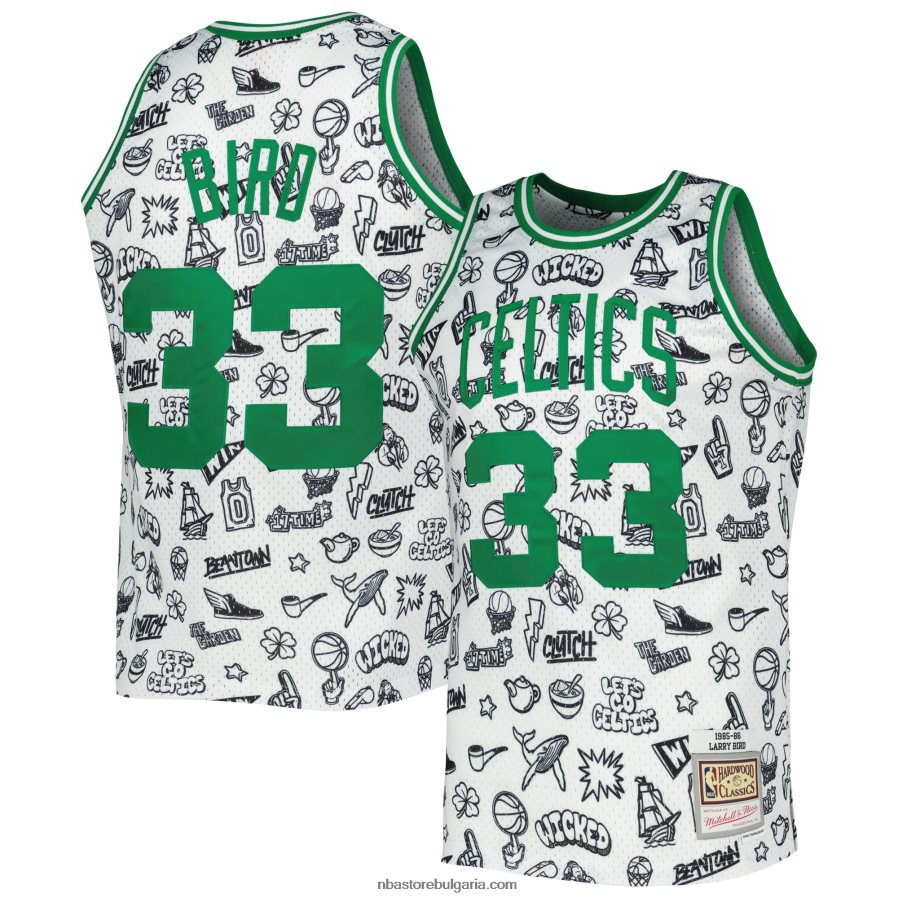 NBA JZ8F021045 Бостън Селтикс Лари Бърд Мичъл и Нес бяла твърда дървесина класика doodle swingman фланелка
