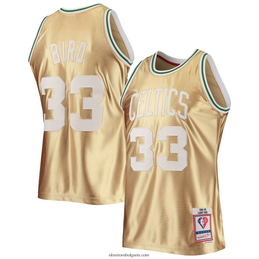 NBA JZ8F021184 Бостън Селтикс Лари Бърд злато Мичъл и Нес 75-та годишнина Класика от твърда дървесина фланелка Swingman