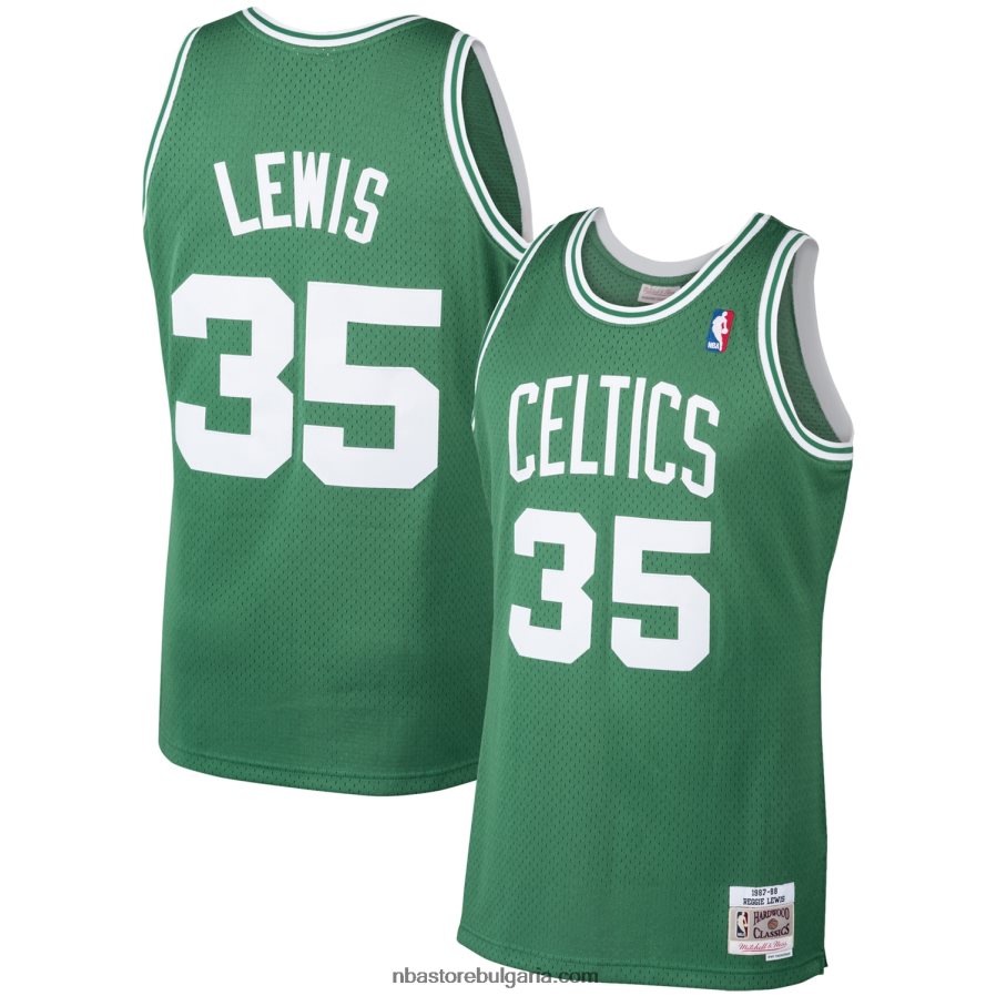 NBA JZ8F021675 Бостън Селтикс Реджи Люис Мичъл и Нес Кели зелена твърда дървесина класика суингмен фланелка