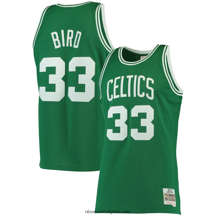 NBA JZ8F02231 Бостън Селтикс Лари Бърд Мичъл и Нес Кели зелено голямо и високо класическо трико от твърда дървесина