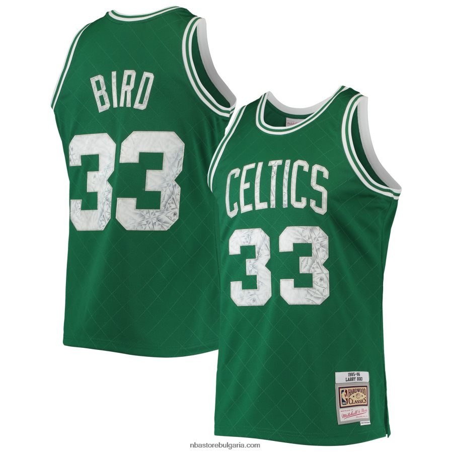 NBA JZ8F025611 Бостън Селтикс Лари Бърд Кели зелена класика от твърда дървесина 75-та годишнина с диамант суингмен фланелка
