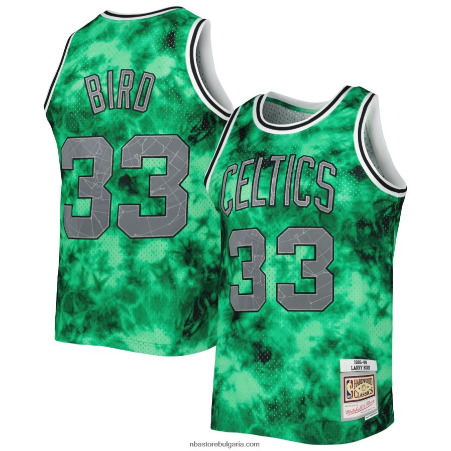NBA JZ8F02977 Бостън Селтикс Лари Бърд Мичъл и Нес Кели Грийн Галакси Суингмен Джърси