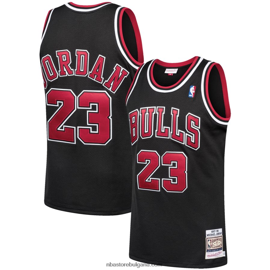 NBA JZ8F0211 Чикаго Булс Майкъл Джордан Мичъл и Нес черна класика от твърда дървесина автентична фланелка на играч
