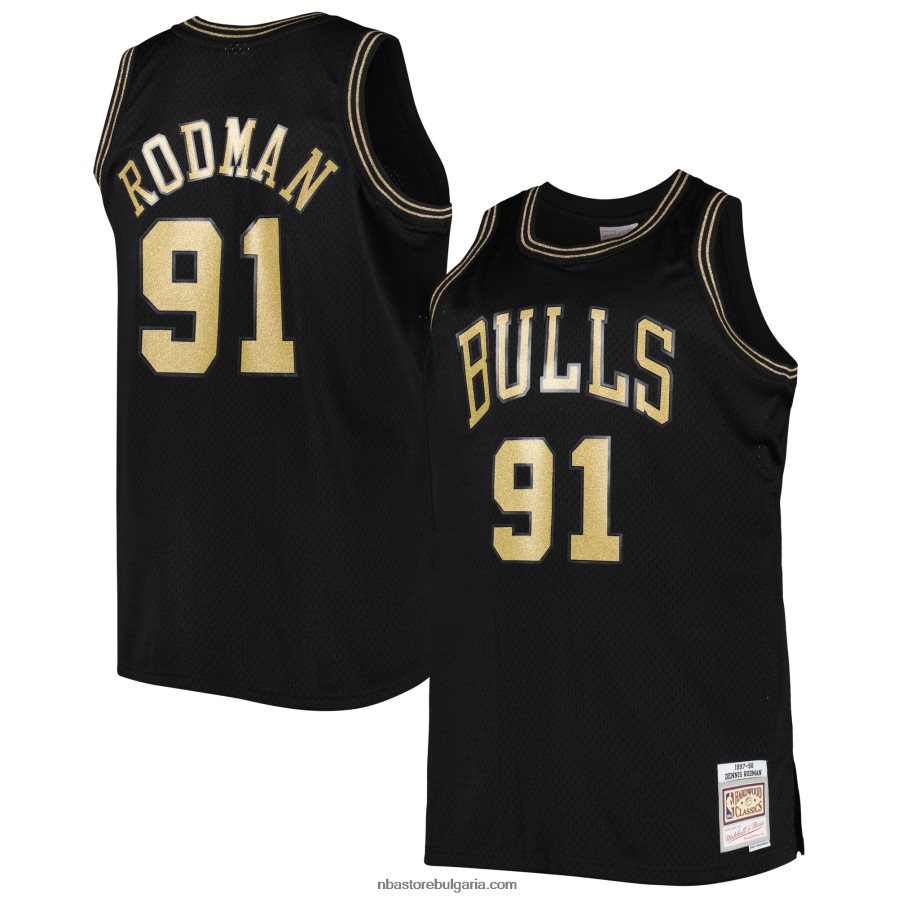NBA JZ8F022924 Чикаго Булс Денис Родман Мичъл и Нес черен екип Голяма и висока класика от твърда дървесина Суингмен Джърси