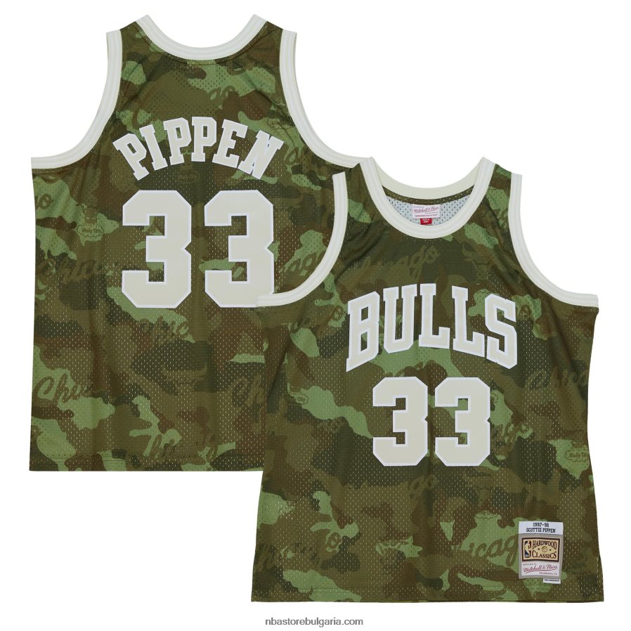 NBA JZ8F023729 chicago bulls scottie pippen mitchell & ness camo hardwood classics ghost green swingman фланелка