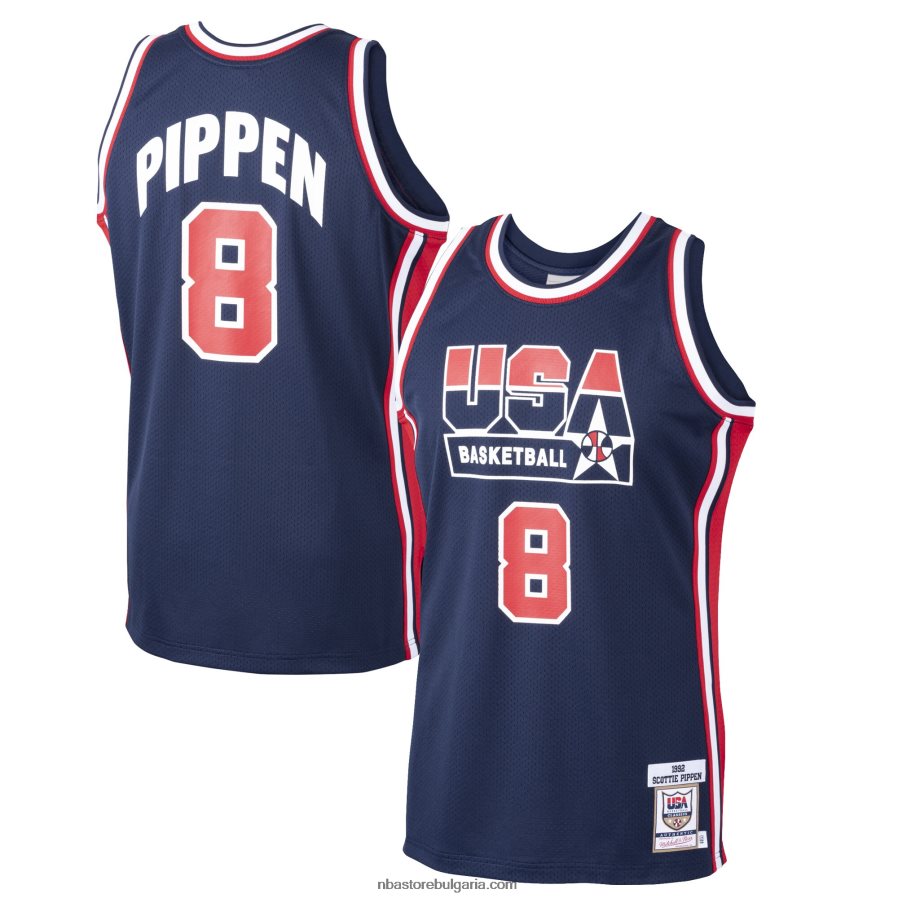NBA JZ8F026738 САЩ баскетбол Скоти Пипън Мичъл и Нес Navy Home 1992 Dream Team автентична фланелка