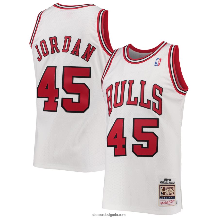 NBA JZ8F027974 Чикаго Булс Майкъл Джордан Мичъл и Нес бяла твърда класическа фланелка на играч