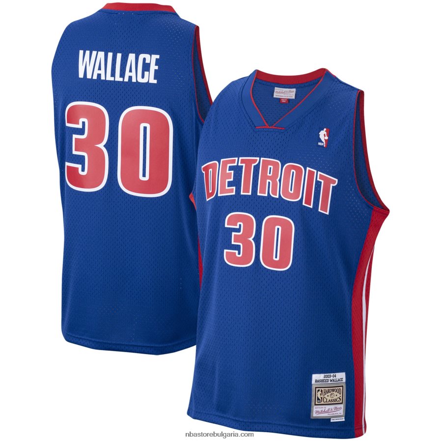 NBA JZ8F025078 Детройт Пистънс Рашид Уолъс Мичъл и Нес Royal Hardwood Classics Swingman Джърси
