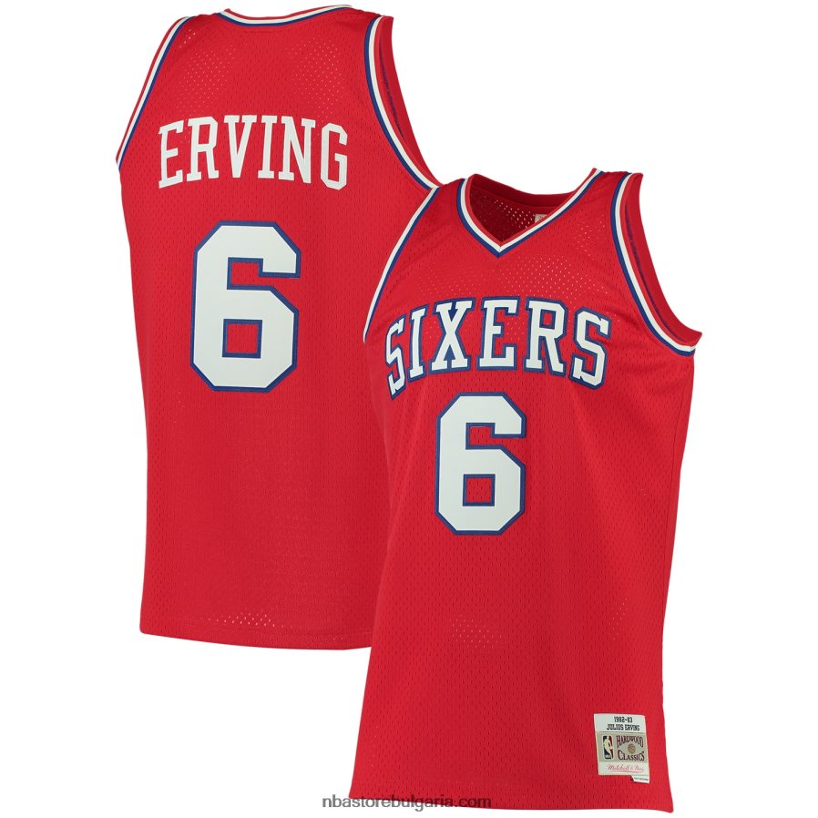 NBA JZ8F022123 philadelphia 76ers julius erving mitchell & ness червена голяма и висока класическа фланелка от твърда дървесина