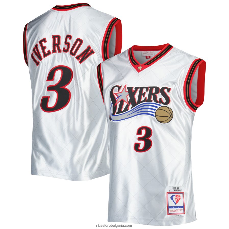 NBA JZ8F022820 philadelphia 76ers allen iverson platinum hardwood classics суингмен фланелка от 75-та годишнина