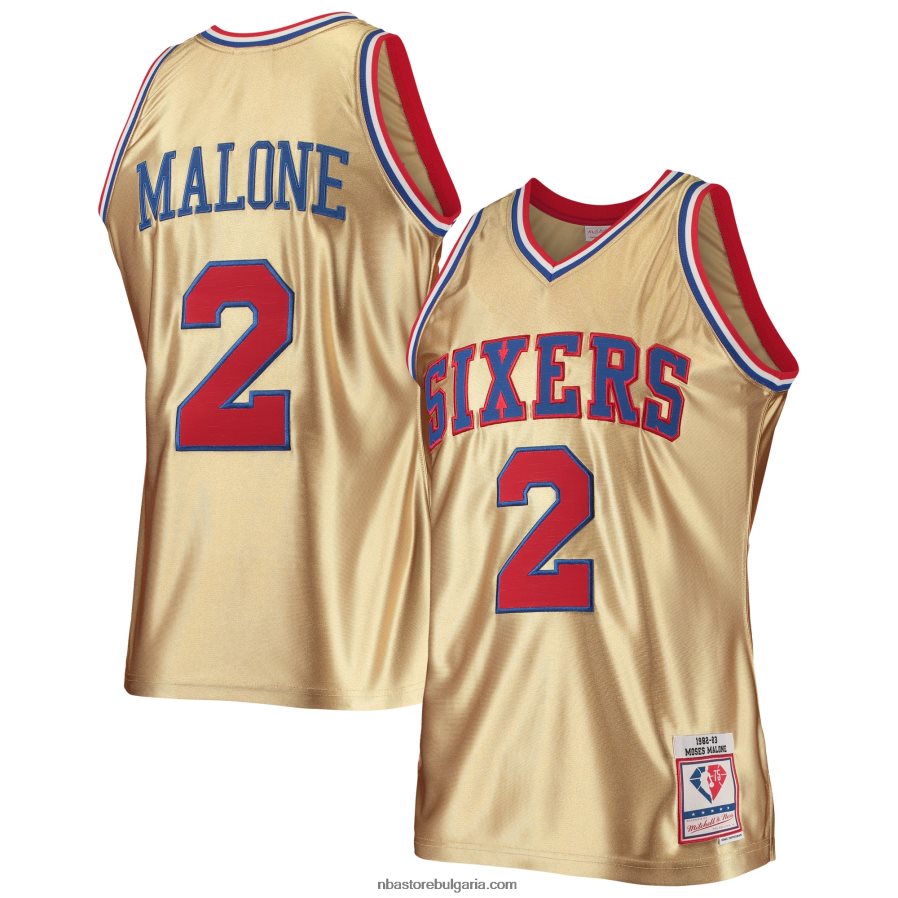 NBA JZ8F022902 philadelphia 76ers moses malone злато 75th юбилей твърда дървесина класика swingman фланелка