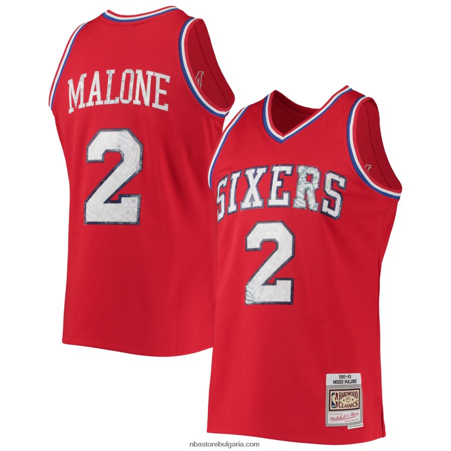 NBA JZ8F026958 philadelphia 76ers moses malone червена класика от твърда дървесина 75th юбилей диамантена фланелка swingman