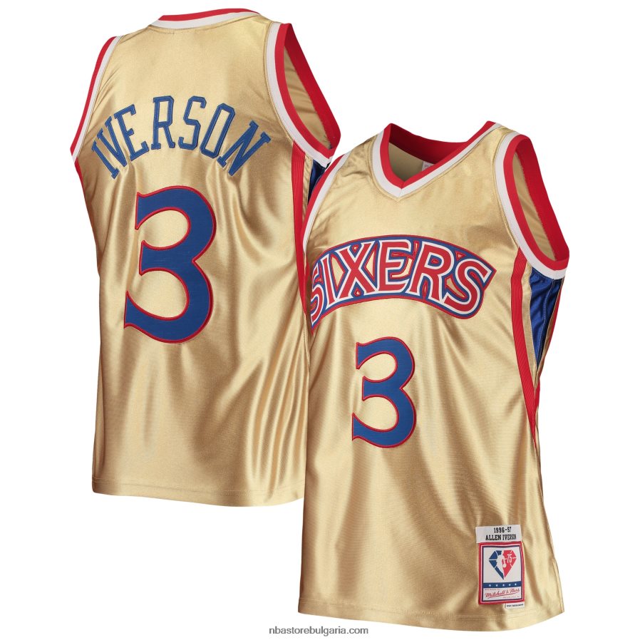 NBA JZ8F027677 philadelphia 76ers allen iverson злато 75th юбилей твърда дървесина класика swingman фланелка