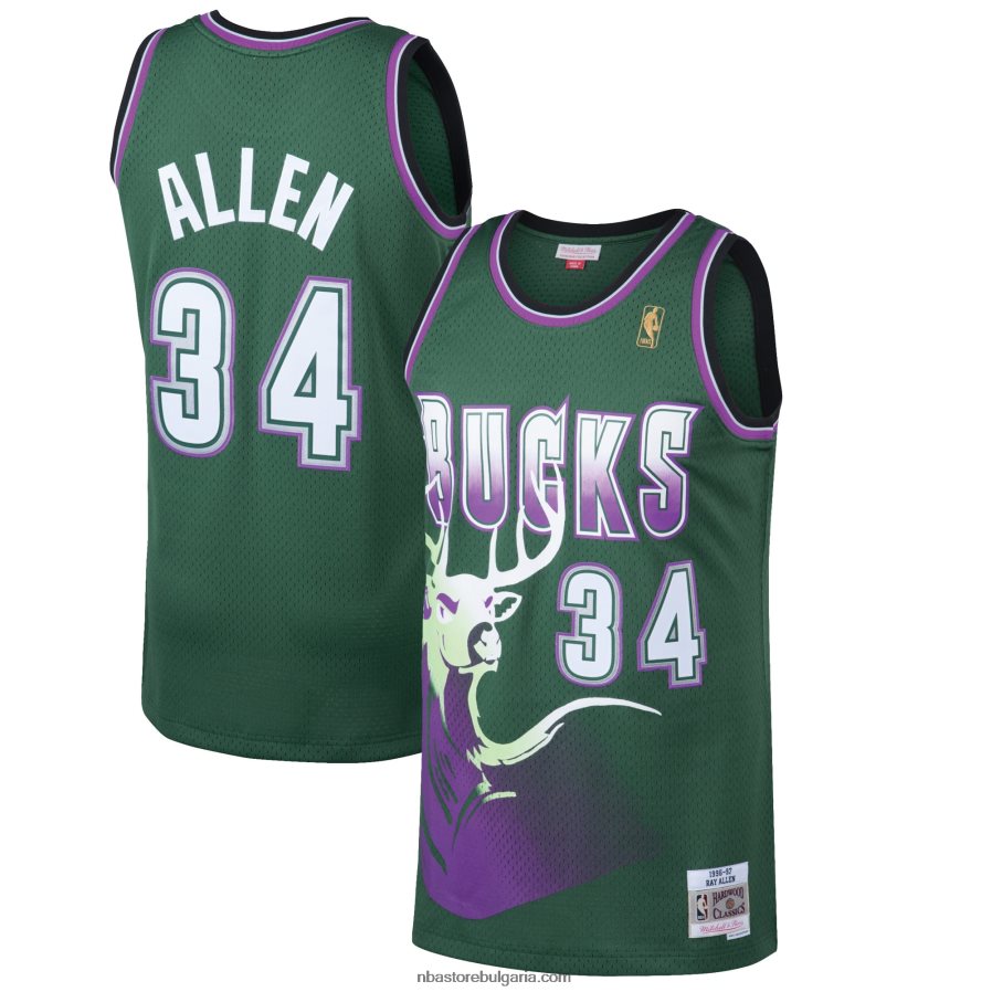 NBA JZ8F02296 Милуоки Бъкс Рей Алън Мичъл и Нес Кели зелена фланелка от твърда дървесина Swingman