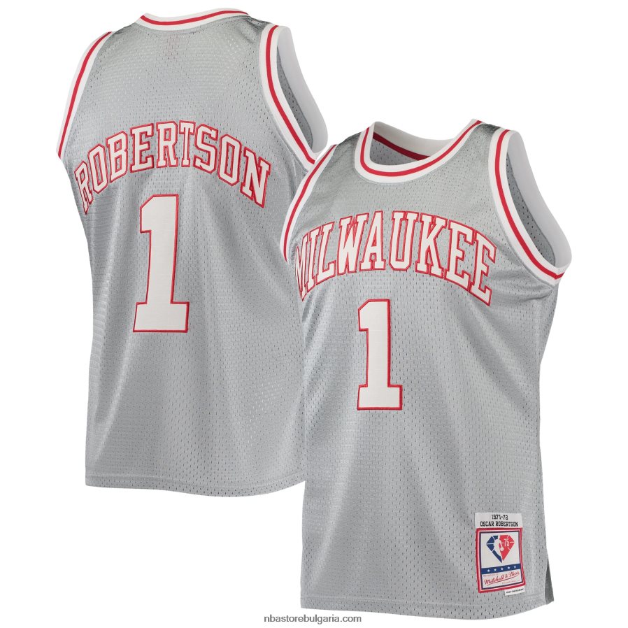 NBA JZ8F025846 Милуоки Бъкс Оскар Робъртсън сребро 75-та годишнина 1971-72 класика от твърда дървесина суингмен фланелка