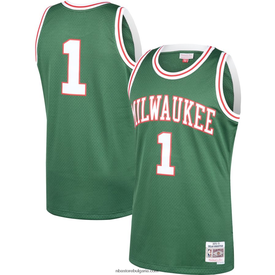 NBA JZ8F026401 Милуоки Бъкс Оскар Робъртсън Мичъл и Нес Грийн 1970-71 класика от твърда дървесина суингмен фланелка