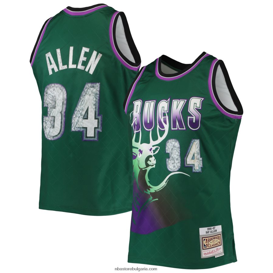 NBA JZ8F027611 milwaukee bucks ray allen green hardwood classics 75th юбилей диамантена фланелка swingman