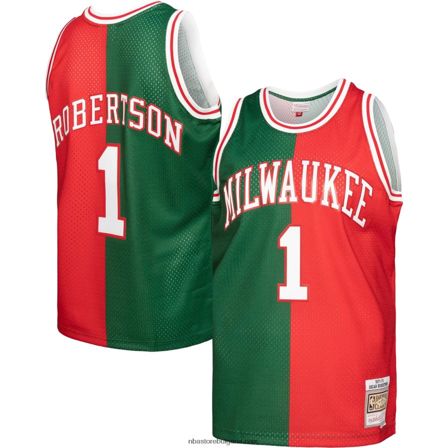 NBA JZ8F027719 Милуоки Бъкс Оскар Робъртсън зелена/червена класика от твърда дървесина 1971-72 разделена трико на суингмен