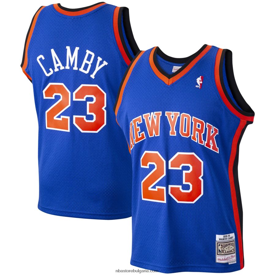 NBA JZ8F021290 Ню Йорк Никс Маркъс Кемби Мичъл и Нес синя фланелка от твърда дървесина Swingman Player