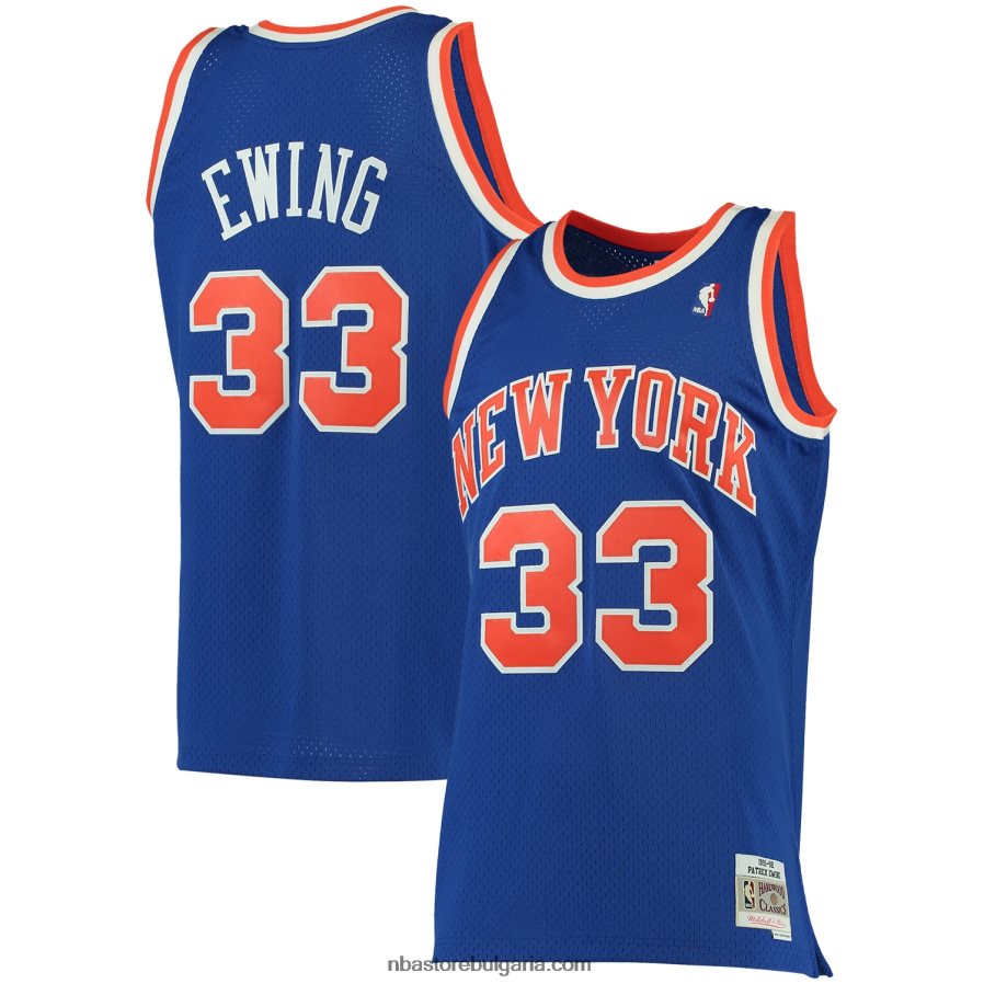 NBA JZ8F02240 Ню Йорк Никс Патрик Юинг Мичъл и Нес синя голяма и висока класическа фланелка от твърда дървесина