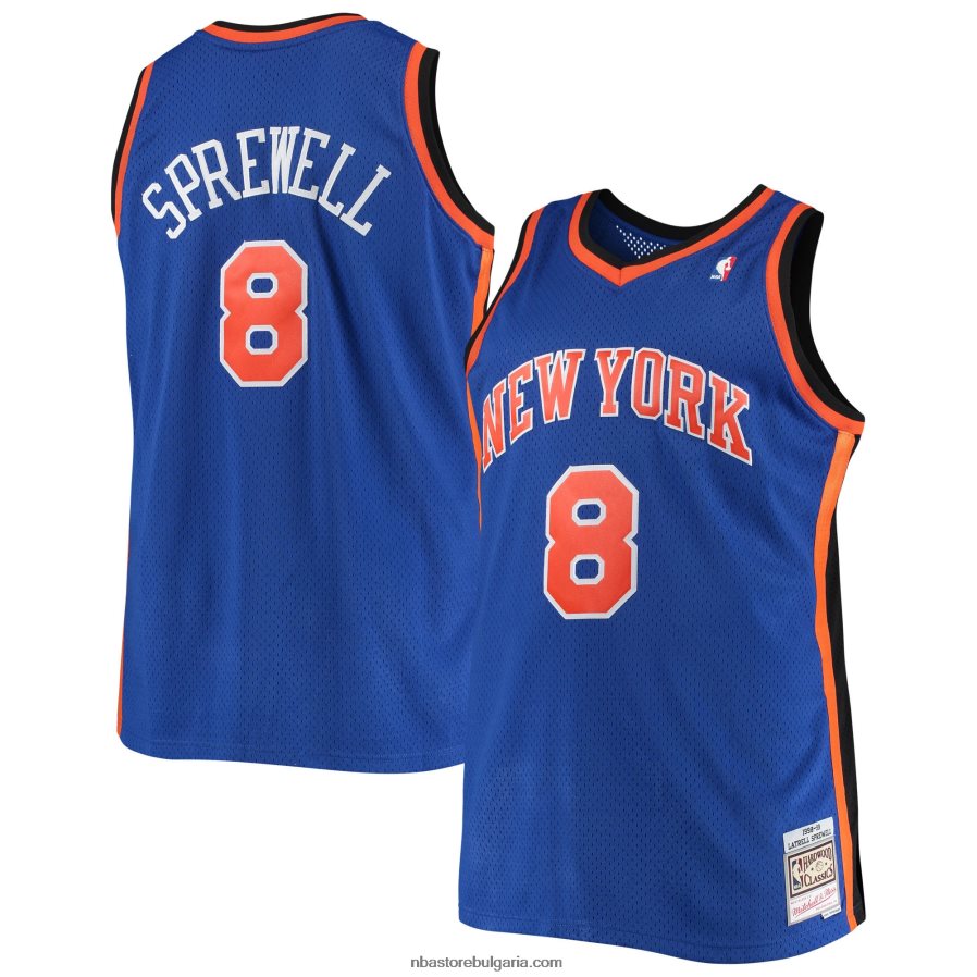 NBA JZ8F024471 Ню Йорк Никс Латрел Спруел Мичъл и Нес синя голяма и висока класическа фланелка от твърда дървесина