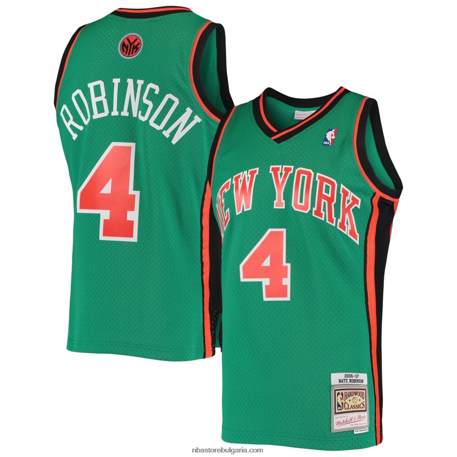 NBA JZ8F025811 Ню Йорк Никс Нейт Робинсън Мичъл и Нес зелена фланелка от твърда дървесина суингмен