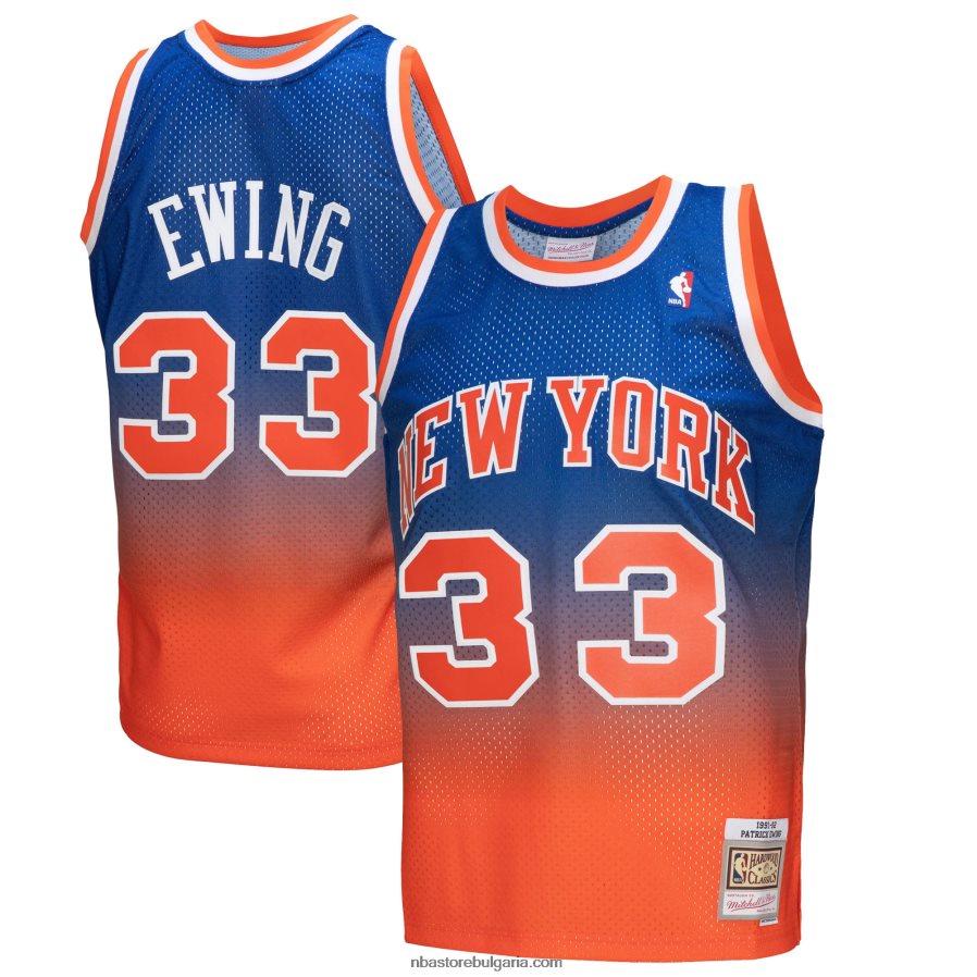 NBA JZ8F02614 ню йорк никс патрик юинг оранжева/кралска твърда дървесина класика fadeaway swingman фланелка