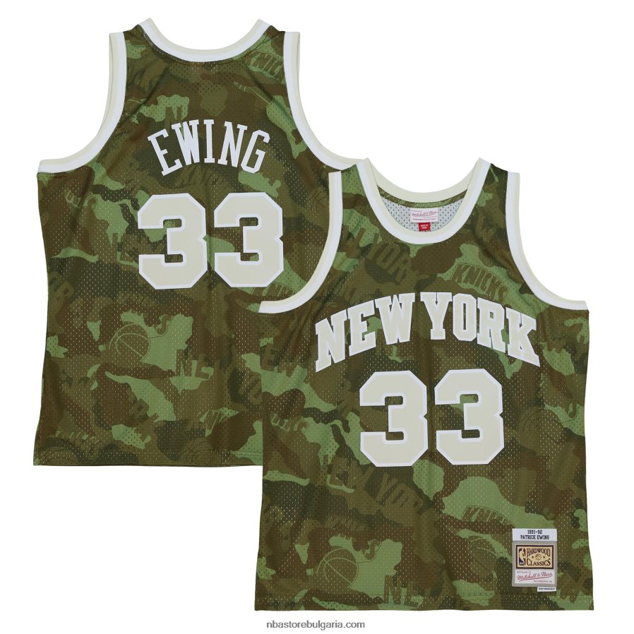 NBA JZ8F02868 new york knicks patrick ewing mitchell & ness camo hardwood classics ghost green swingman фланелка